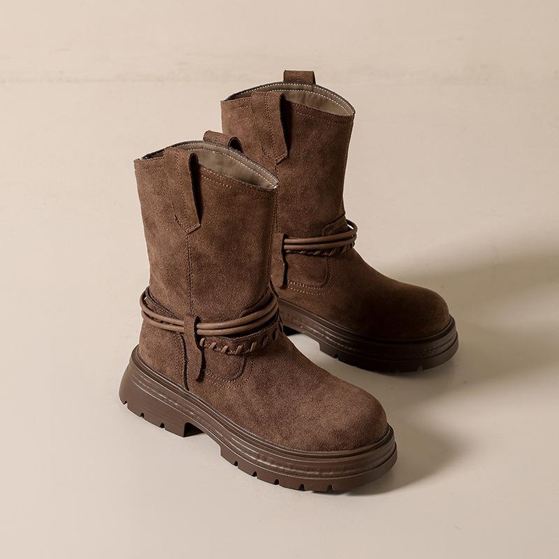 

[Fanfna] thick-soled Martin boots women s thin boots 2025 autumn retro rhubarb boots slim western cowboy boots 40