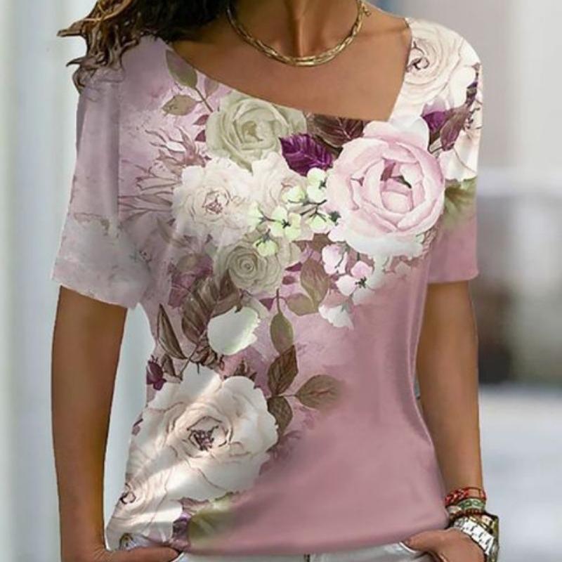 3D-trykt V-hals T-skjorte for kvinner Uformelle topper Kortermet Slim Fit T-skjorte for kvinner Mote Elegant Vintage Løs T-skjorte for kvinner 24052