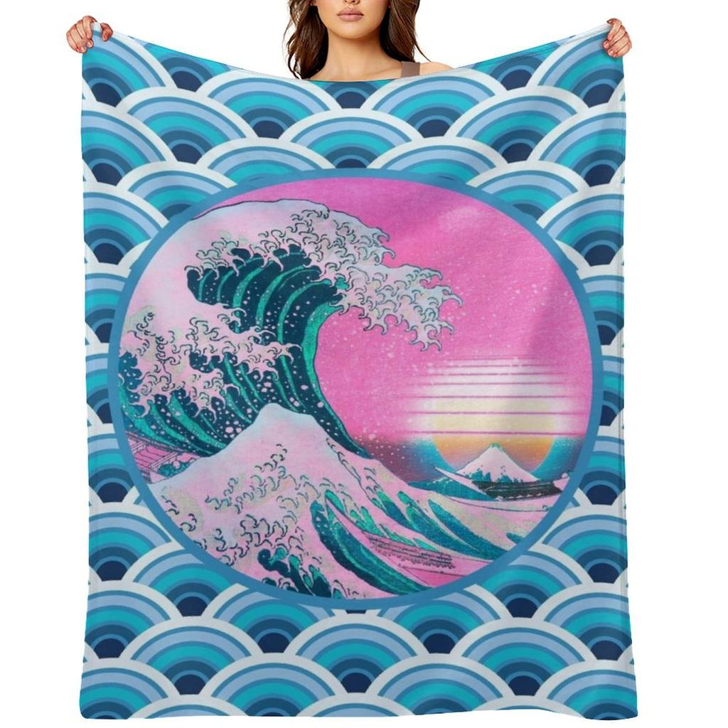 Vaporwave Aesthetic Great Wave Seigaiha Ocean Sunset Throw Blanket for Sofa Christmas Gifts Plaid Thin Blankets