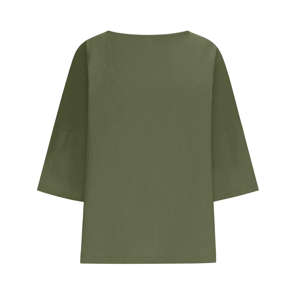 Women's Fashion Solid Color Casual T-Shirt Seven Sleeve Round Neck Cotton Top