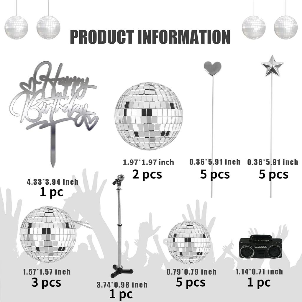 23PCS Disco Ball Cake Toppers with DJ Bling Silver Mirror Balls and Mini Microphone Radio Decor for 70s Dance Party Supplies