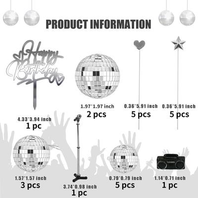 23PCS Disco Ball Cake Toppers with DJ Bling Silver Mirror Balls and Mini Microphone Radio Decor for 70s Dance Party Supplies