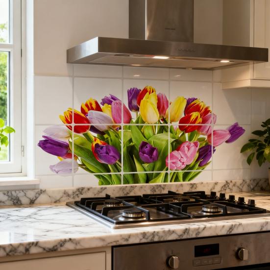 Kitchen Oil Proof Wall Stickers Flowers/Fruits/Green Leaves Waterproof Backsplash Wall Protector Film Removable Tile Decal for Cupboard