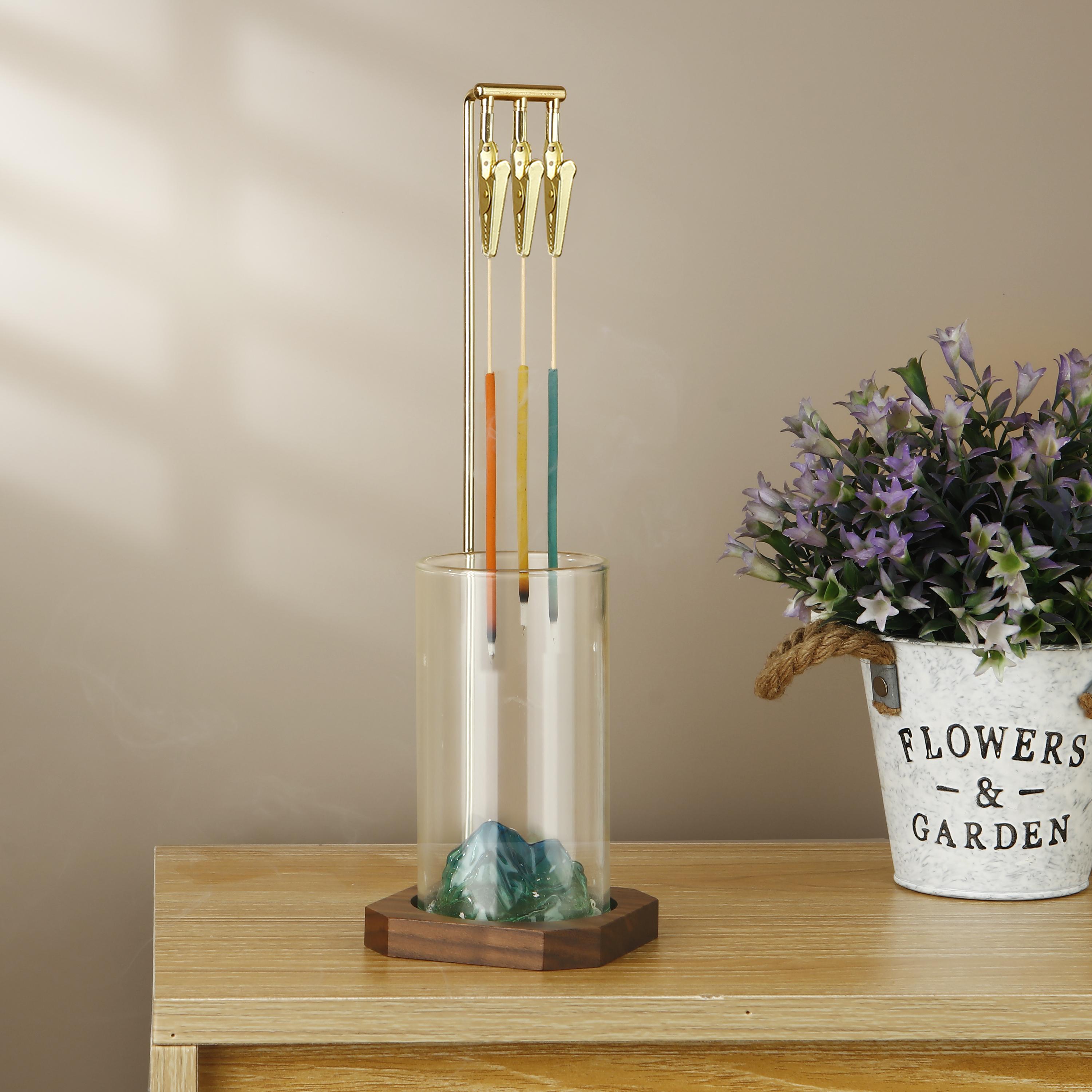 

Glass Incense Holder Anti-Ash Flying Incense Burner Mountain Incense Stick Holder with 3 Clips & Ash catcher for Yoga Meditation зелений