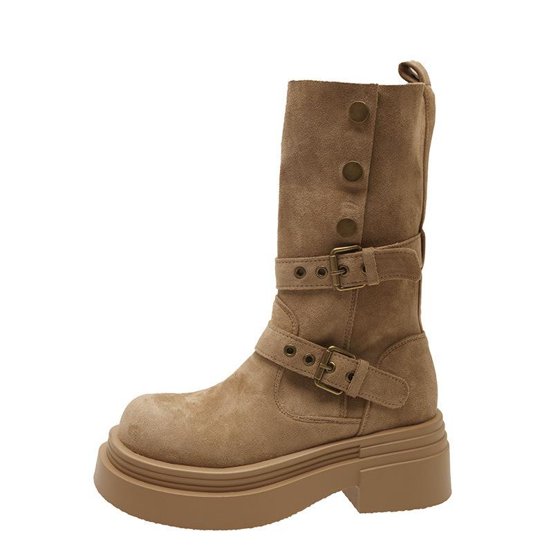 Maillard Martin Boots Women's Autumn Soft Leather Inner Height Increase Retro New Models But Knee Two Wear Western Denim Short