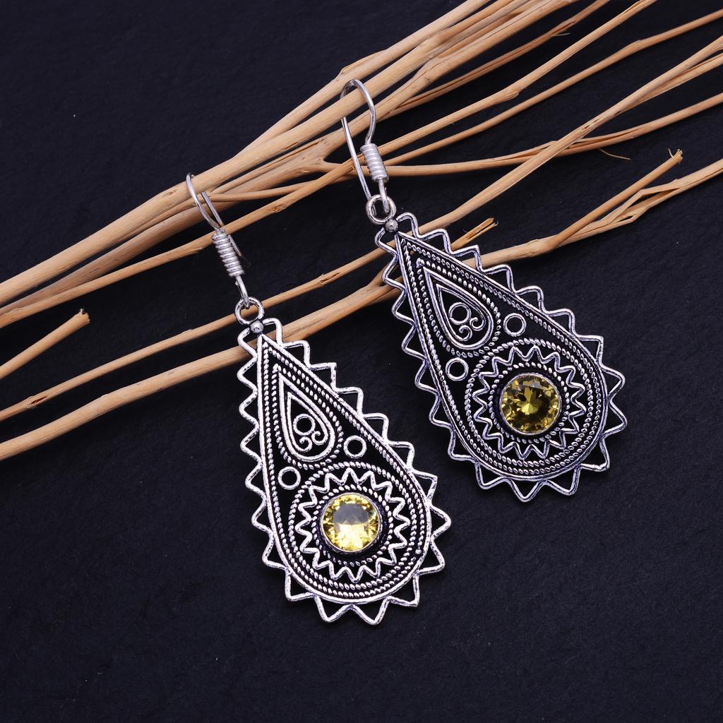 Natural Citrine Gemstone Handmade 925 Sterling Silver Earring 2.30" h4t74