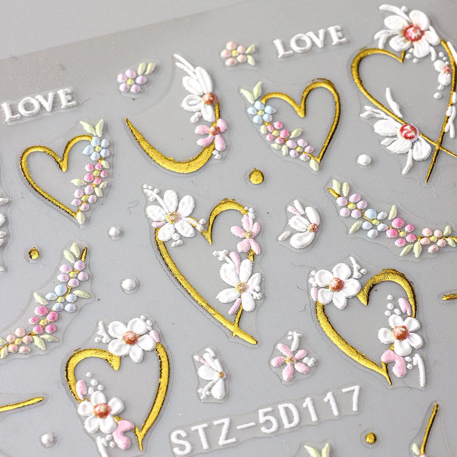 5D Embossed Kawaii Floral Gold Line Sliders Spring White Flowers Nail Stickers DIY Petals Wedding Nails Decals Accesories