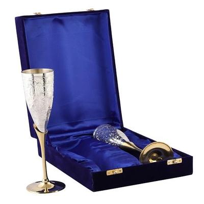 Set of 2 Wine Glasses Brass Glass with Box Engraved Goblet Silver Plated Glass Set