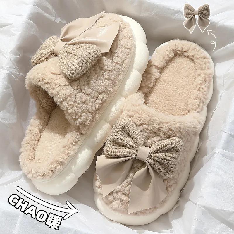 Bow Cotton Slippers 2025 New Cotton Shoes Home Autumn and Winter Indoor Warmth Cotton Mop Hair Tray Winter