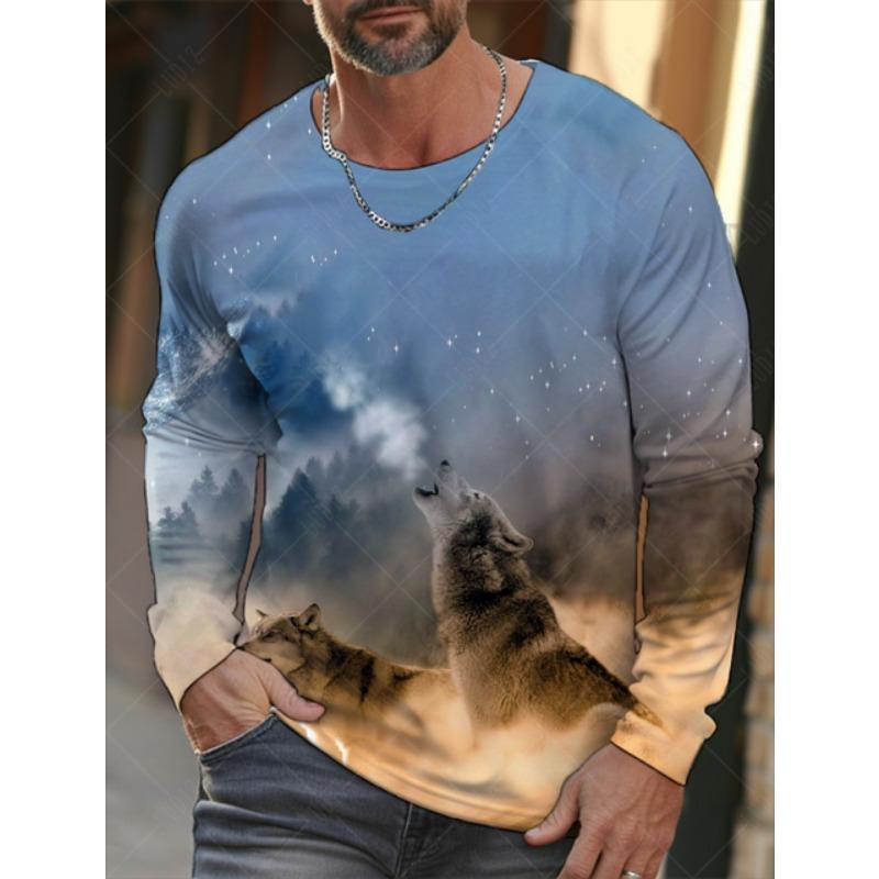 

Вінтажна чоловіча футболка з довгим рукавом Сорочки з 3d-принтом Модний одяг із зображенням тваринного вовка Топи з рукавами Чоловічий вуличний верх великого розміру 2XL