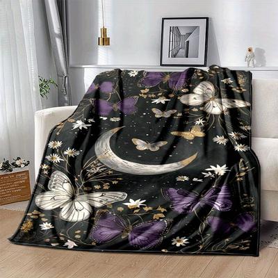 1pc Moon Butterfly Printing Lightweight Flannel Blanket, Comfortable and Warm Blanket, for Camping Sofa Bed and Couch Office, Gift