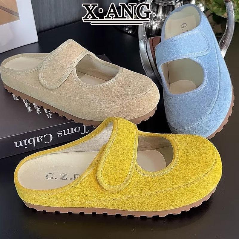 Cowhide thick-soled women's bag head and half slippers, wearing summer new lazy one-pedal single shoes sandals