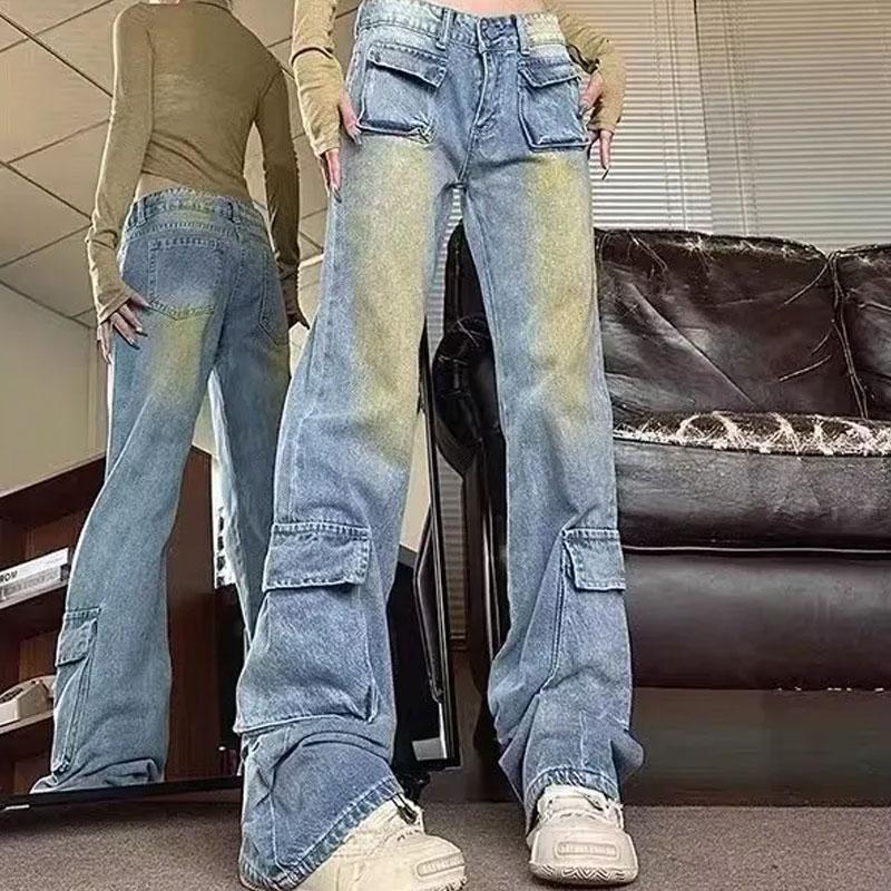 High Street Gradient American Jeans New Female Clothing Vintage Denim Pants Straight Fashionable Pockets Spliced Loose Trousers