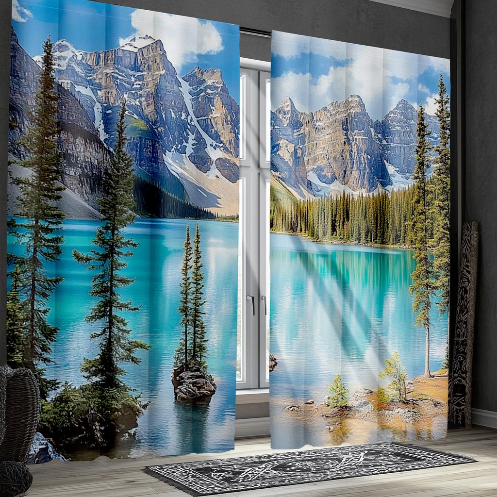 2pcs Jasper Park Maligne Lake Landscape Curtains - Polyester Decorative Drapes with Snow-Capped Mountains & Pine Trees for Bedro
