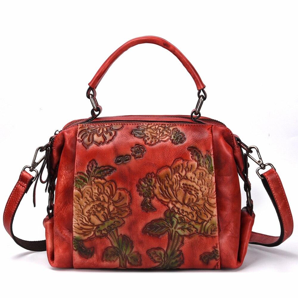Johnature Retro Embossing Flower Women Bag Genuine Leather Handbag Cowhide Large Capacity Shoulder & Crossbody Bags