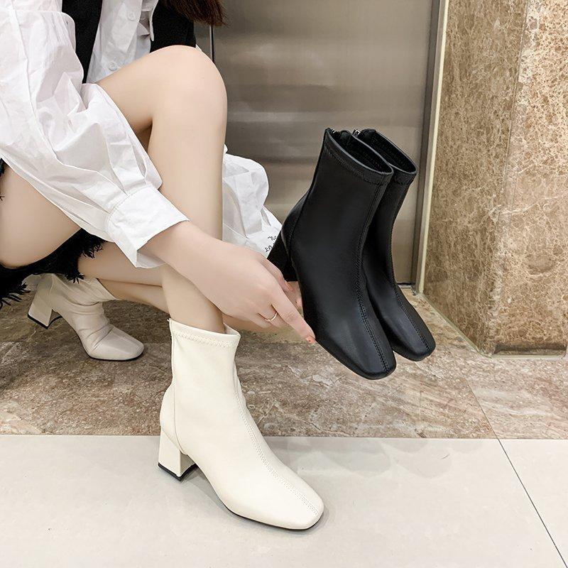 Dames Ensfarget Mote Høye Hæler med Glidelås bak Mote Støvletter Høye Støvletter Lærsko Midhøye Støvletter Damesko