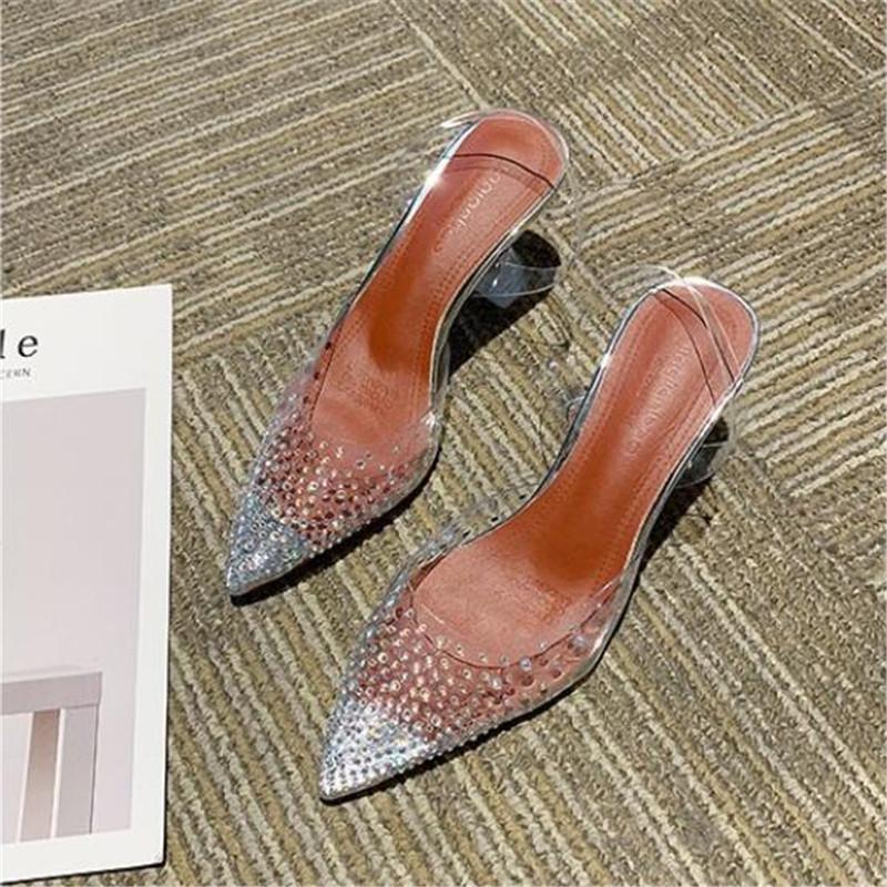 Fashion Fashion Rhinestones Women Pumps Summer Sexy PVC Transparent Back Strap Pointed Toe Perspex Clear Spike Heels Party Shoes