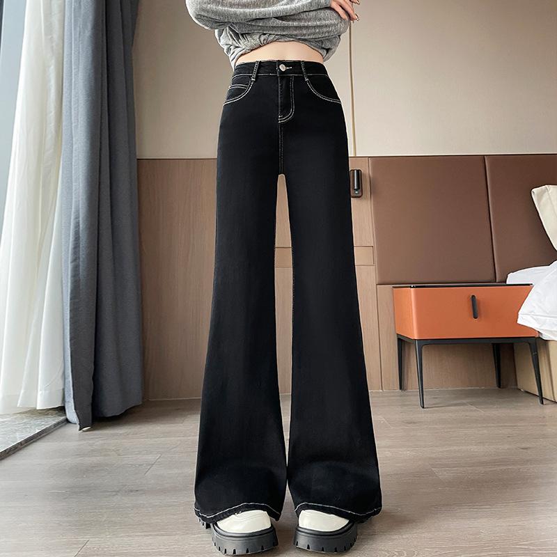 

Женские черные джинсы микро-клеш с высокой посадкой и флисовой подкладкой для осени/зимы - Облегающий и свободный крой M