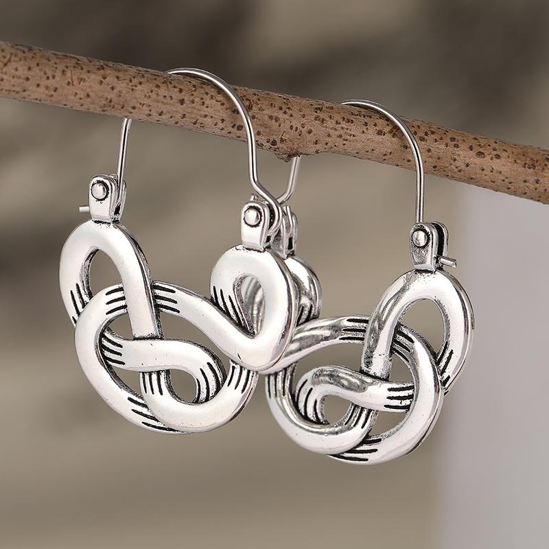 Ethnic Style Metal Silvery Plated Geometric Distortion Hoop Earrings for Women's Vintage Personality Hollow Earrings Accessories