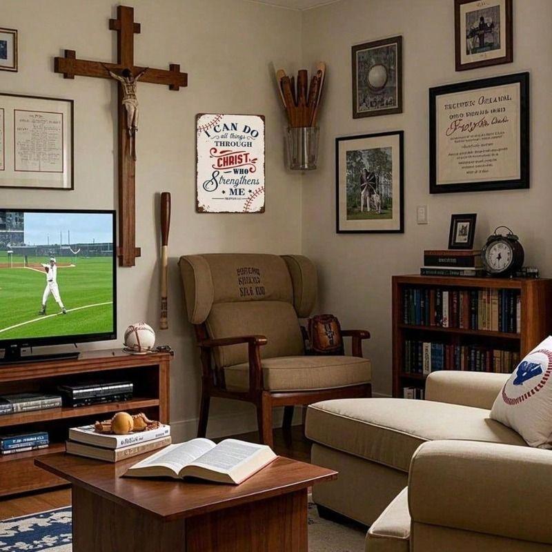 Metal Wall Art Christian Baseball Tin Sign, Faith Inspirational Poster for Home Office