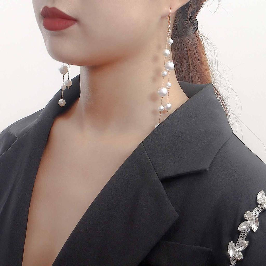 Ins Tassel Imitation Pearl Pendant Earrings Earrings Women's Handmade Geometric Metal Temperament Ear Hanging