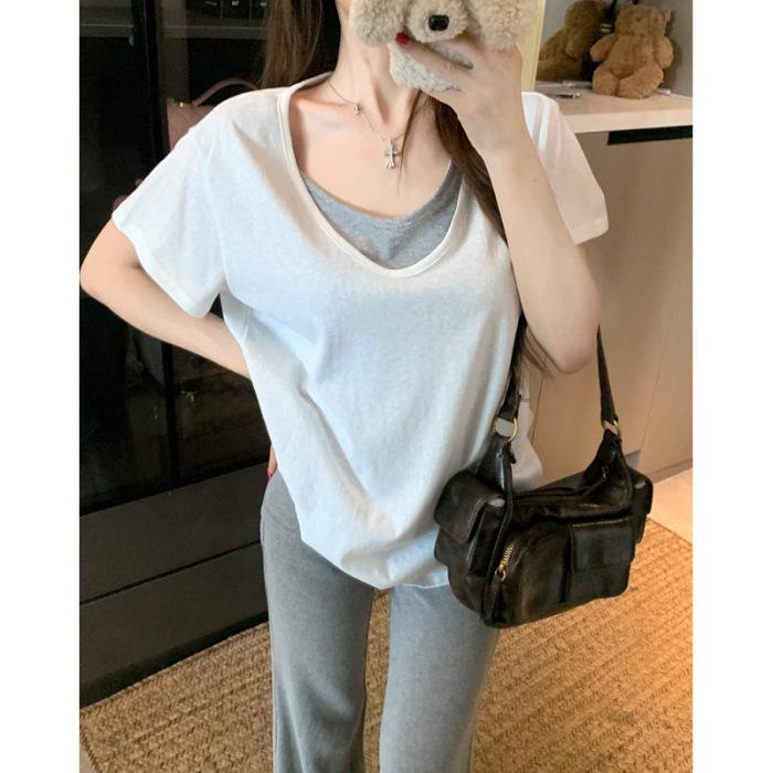 

Korean casual relaxation lazy wind v-neck short-sleeved T-shirt women s summer top S