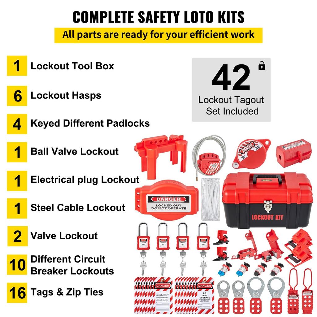 42 PCS Lockout Tagout Kits, Electrical Safety Loto Kit Includes Padlocks, 5 Kinds of Lockouts, Hasps, Tags & Ties, Box, Lockout Safety Tools for