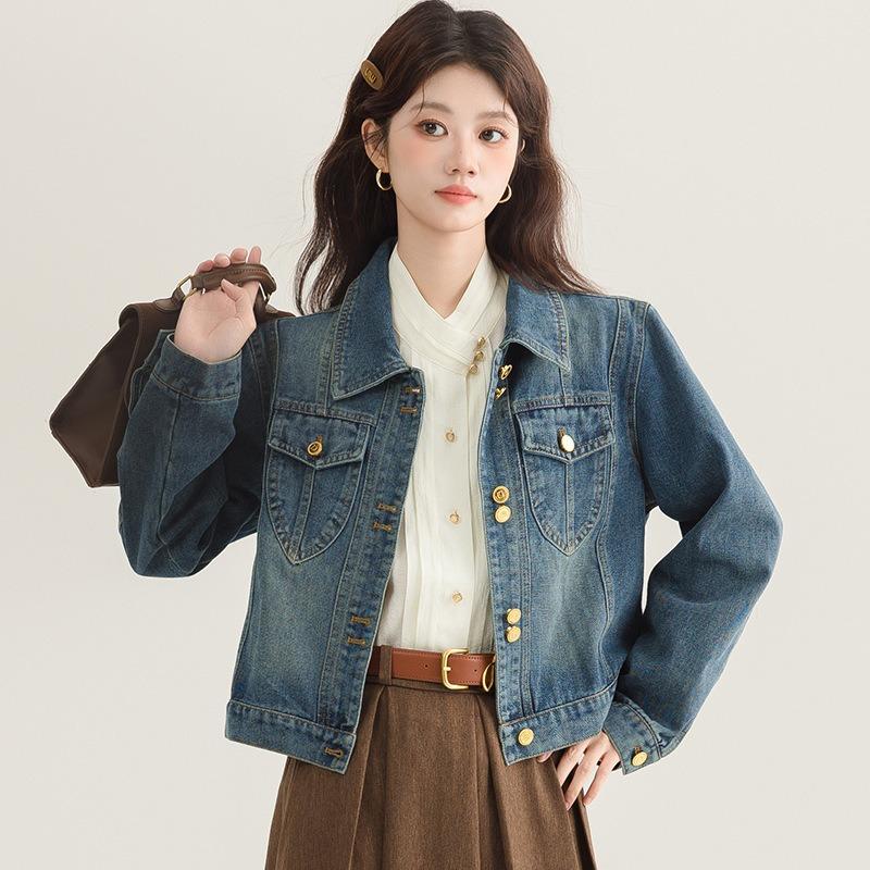 

Retro Thin Denim Short Jacket Women s Spring and Autumn New Button Design Sense Long Sleeve Jacket Top Tide L синій
