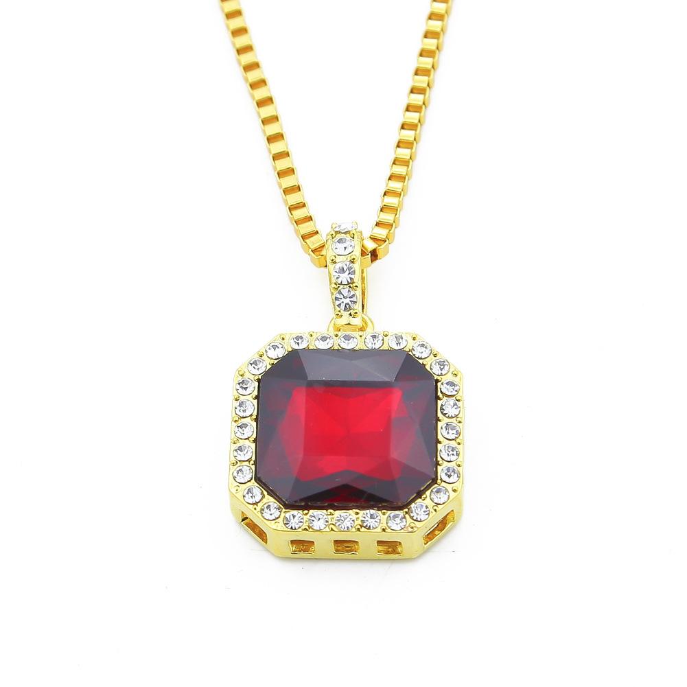 Alloy Necklace Hiphop Hip Hop Square Diamond Ruby Men's European and American Necklace Supply Hot Sale Jewelry