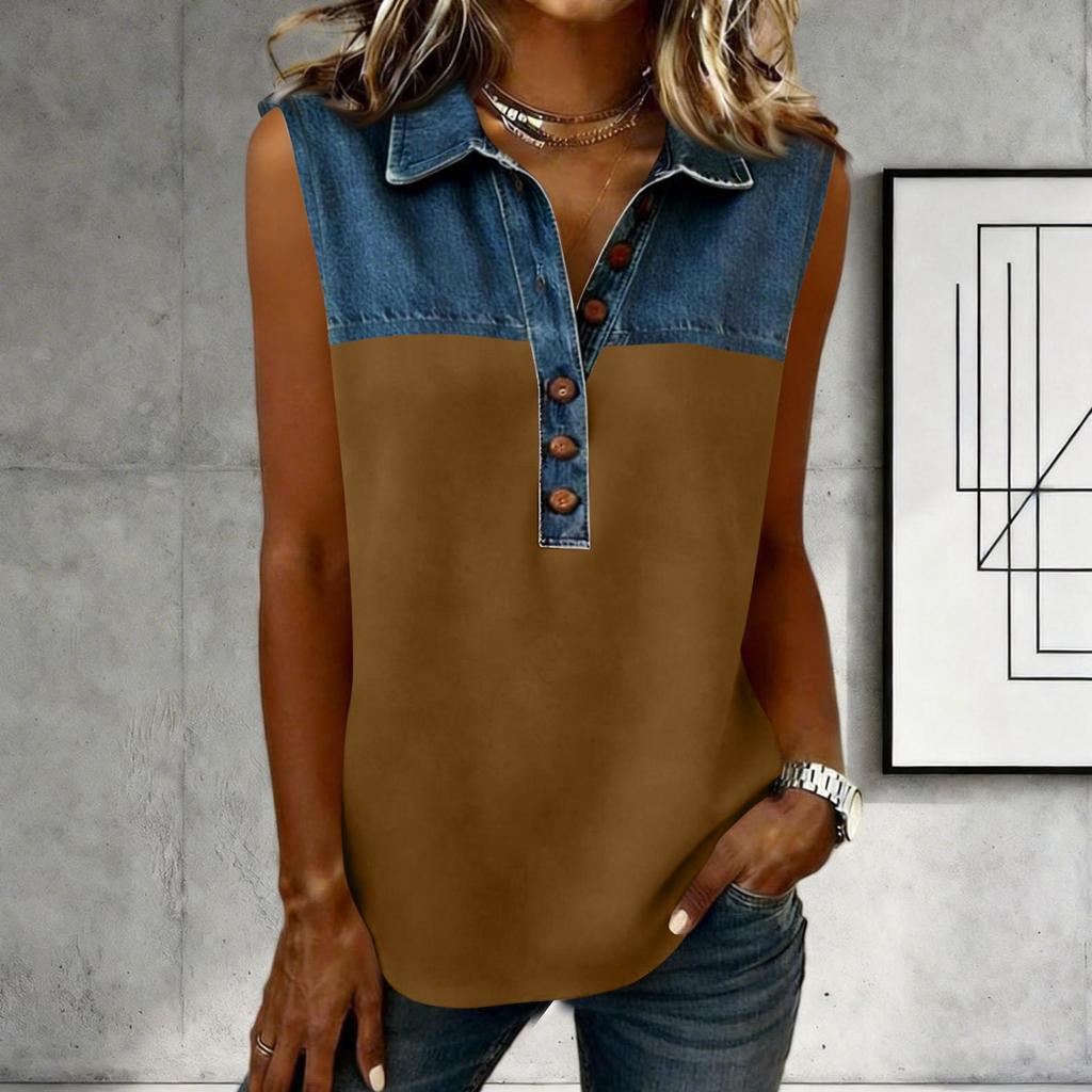 Women's Casual Fashion Denim Patchwork Sleeveless Button-Down Top Vest