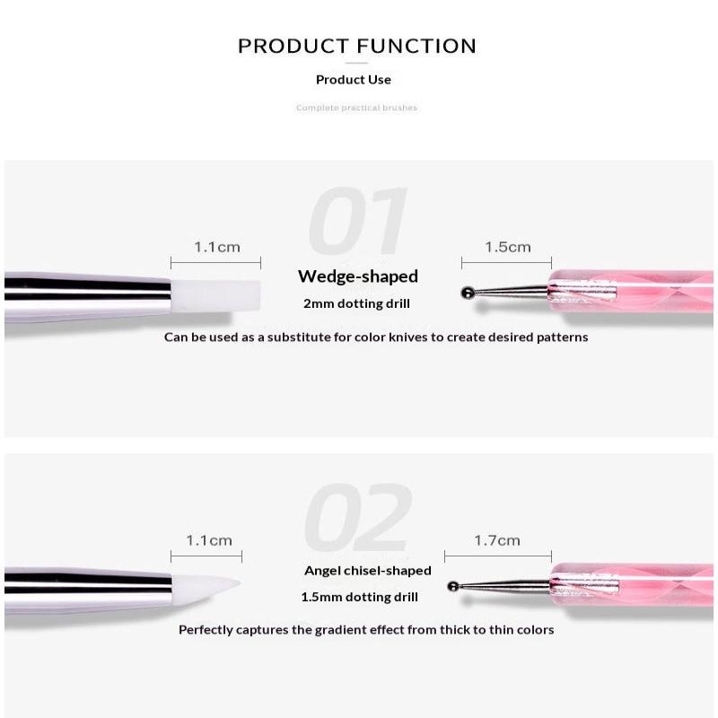 5Pcs Marbleizing Painting Pens 2 Way Nail Art Acrylic Silicone Point Flower Nail Pen Stainless Steel Dotting Tools