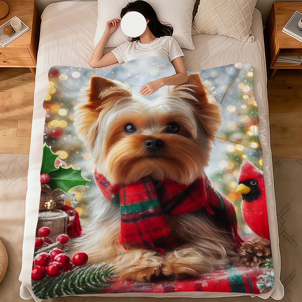 Christmas Holiday Cute dog Yorkshire Terrier soft warm plush blanket dorm sofa living room pet hogar bedroom gift home Flannel