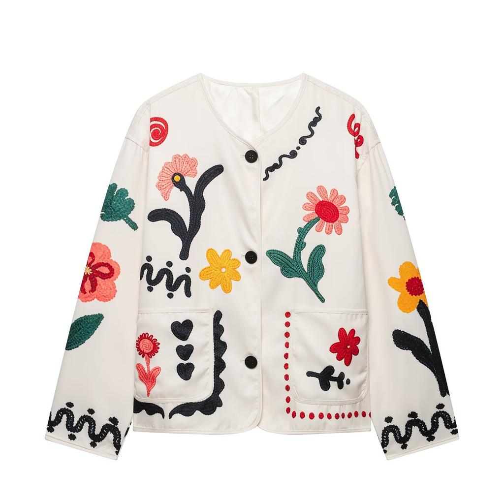 2026 Summer New European and American Cross-border Women's Street Fashion V-Neck Floral Embroidered Jacket W039 70102