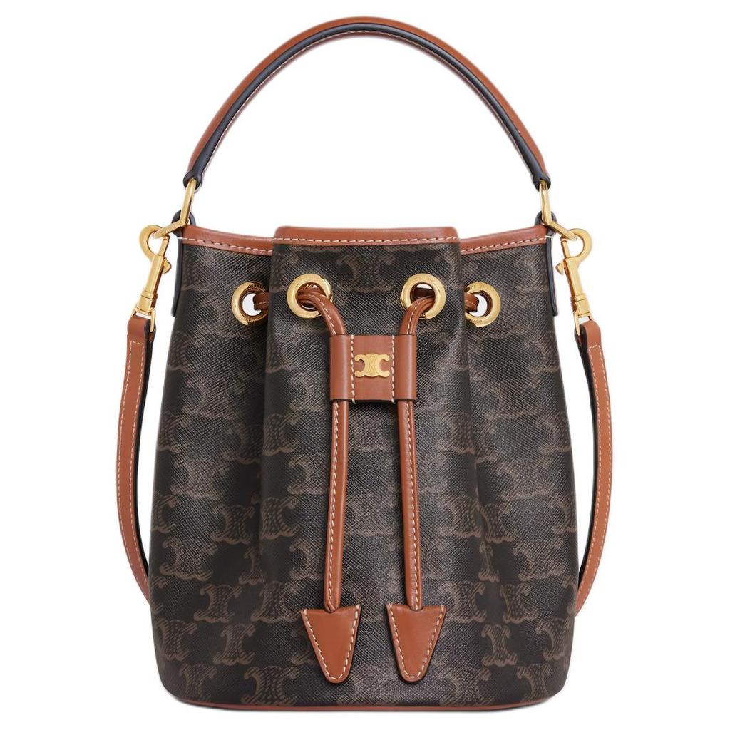Celine Logo Print Drawstring Closure Leather Crossbody Tote Bag Women handbags Brown 121672CAS-04LU