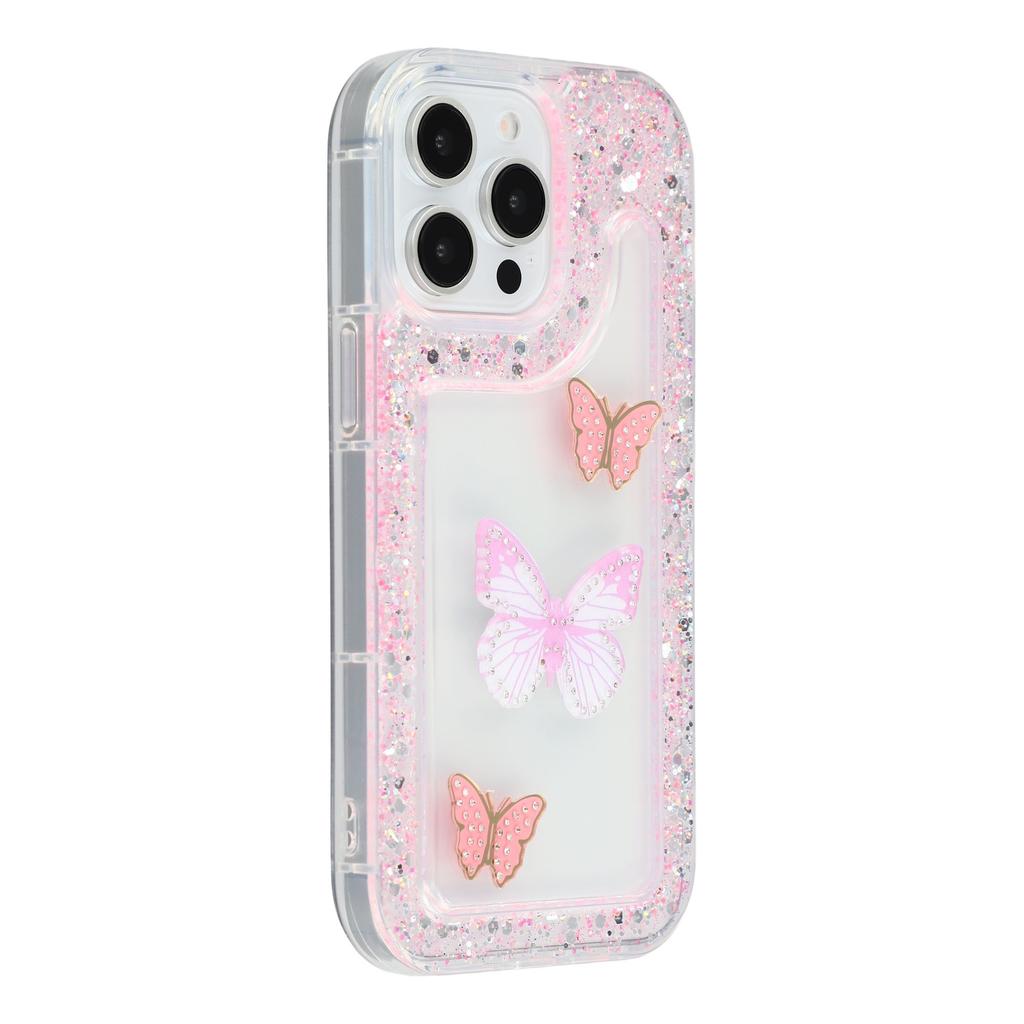 For iPhone 15 Pro Case DIY Butterfly Glitter Epoxy Soft TPU Phone Back Cover