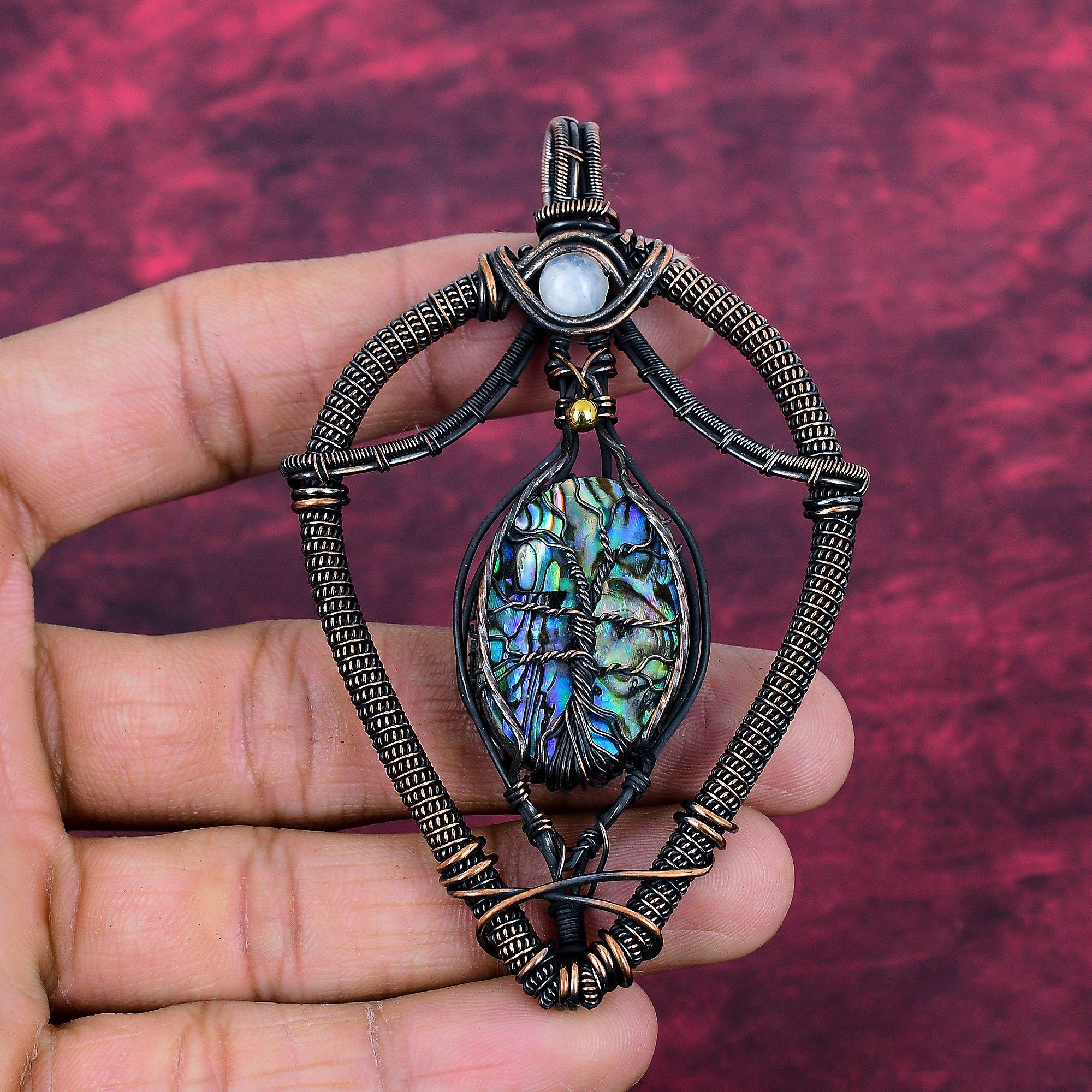 Tree Of Life Abalone Shell Pendant Copper Wire Wrapped Gemstone Jewelry Moonstone Rainbow Pendant