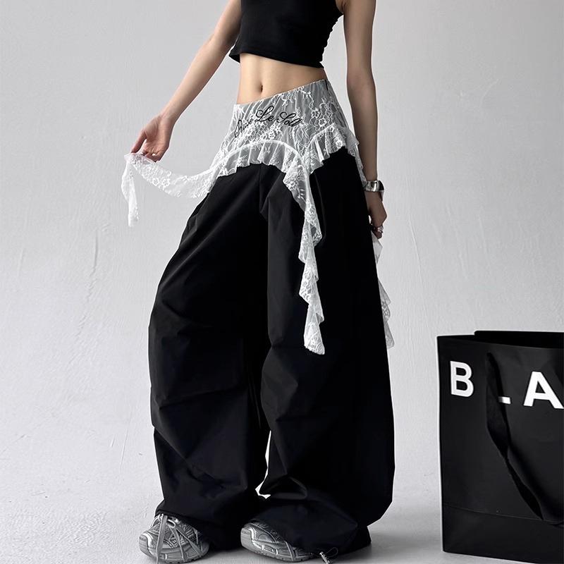 New Spring and Summer Fashion Versatile Lace Splicing Loose Casual Fake Two-piece Wide-leg Tooling Trousers Women's Tide