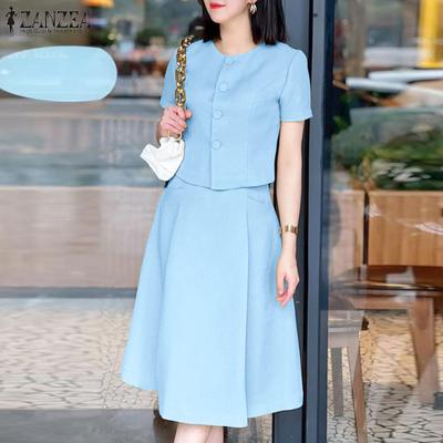 Women's Summer Fashion Round Neck Short Sleeve Top Elastic Waist Pockets A-Line Skirt Suits
