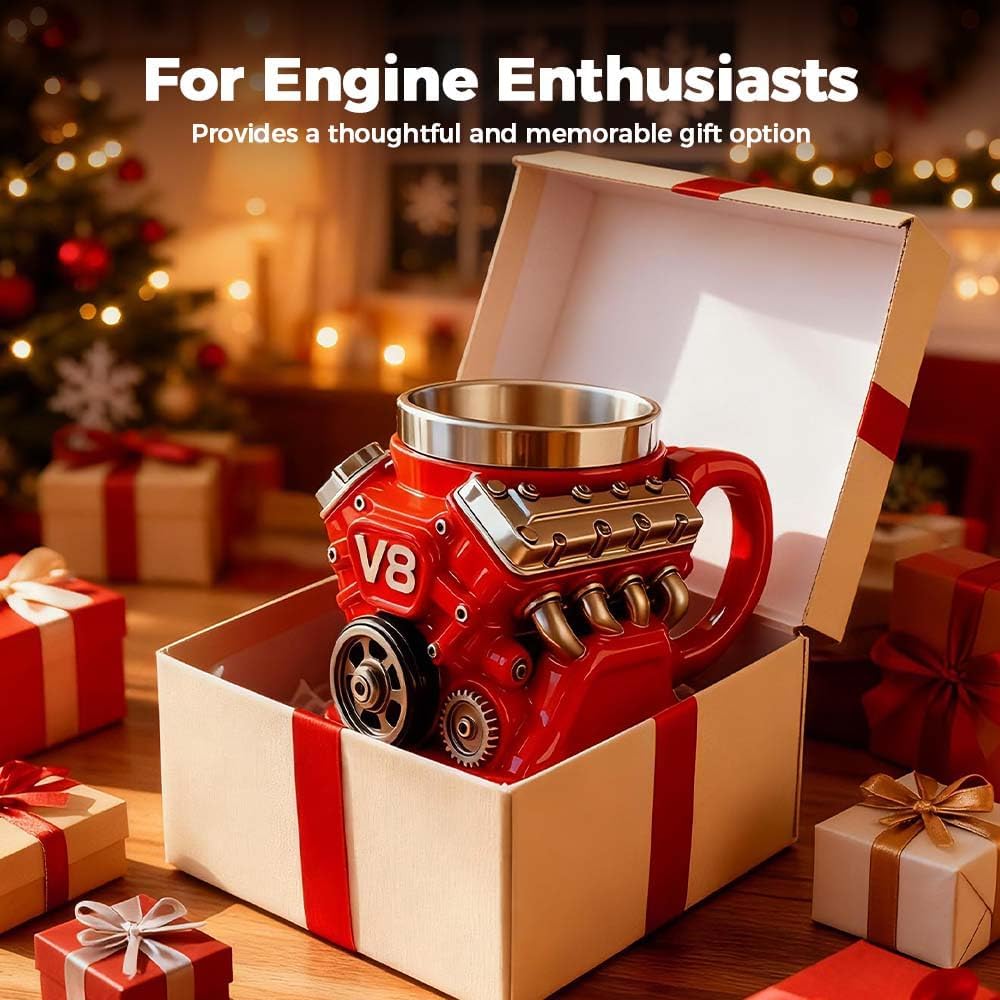 V8 Motor Retro Kaffeetasse Personalisiert Doppelwandige Isolierung Autotasse mit Henkel Perfekt für Vatertag, Weihnachten, Ehemann, Mechaniker, Auto