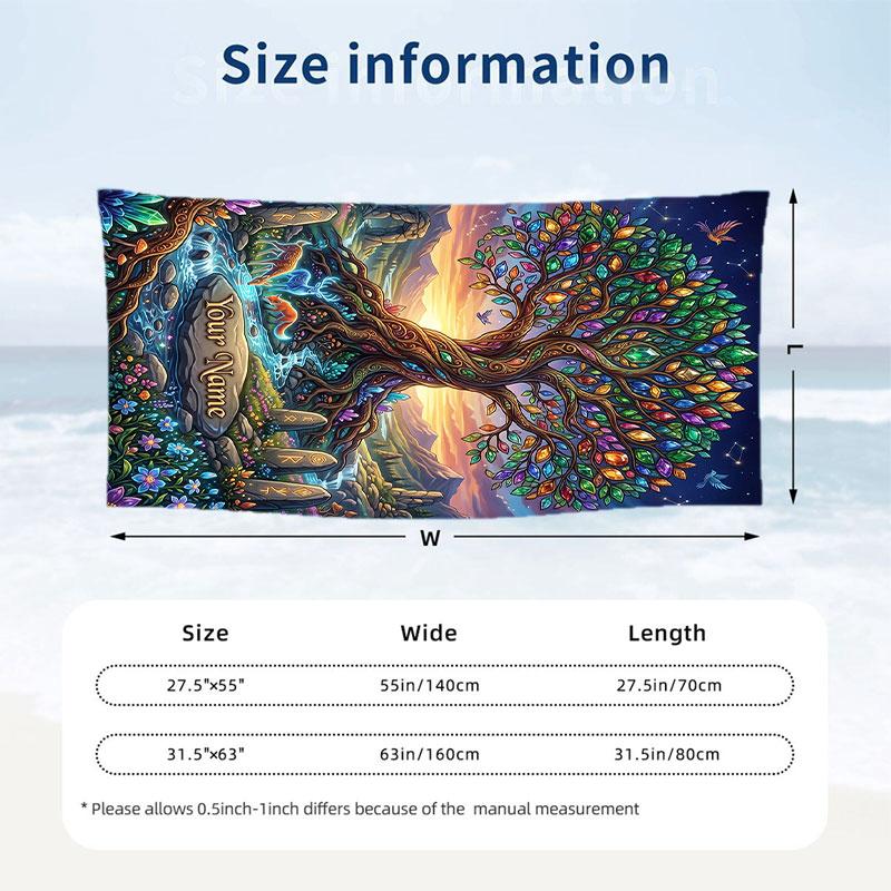 Tree Life Fantasy Artwork Theme Quick Dry Beach Towel Custom Name Text Print Large Sand Resistant Towel Beach Vacation
