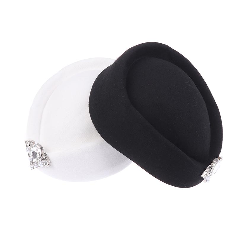 Vintage Rhinestone Hard Top Flat Fedoras Hats French Cashmere Wool Hat Casual Flight Attendant Hat Party Dress Pillbox Hat