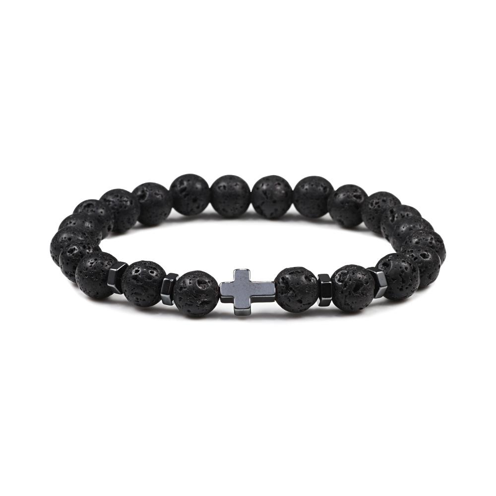 Dropshipping Hot Men Natural Lava Stone Bead Bracelets Hematite Cross Rosary Meditation Prayer Jesus Bracelet Women Yoga Jewelry