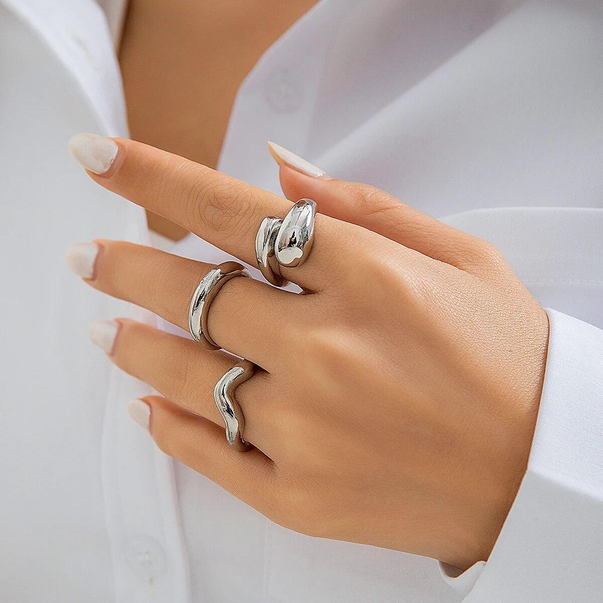 

3Pcs Trendy Creative Geometric Wave Shaped Ring Set for Women Design Irregular Adjustable Open Ring Finger Jewelry Accessories