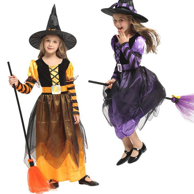 Halloween Børne Lilla Heks Kostume Piger Eventyr Troldmand Kjole Børnetøj Baby Flagermus Edderkop Fest Cosplay Outfit 2-12 År