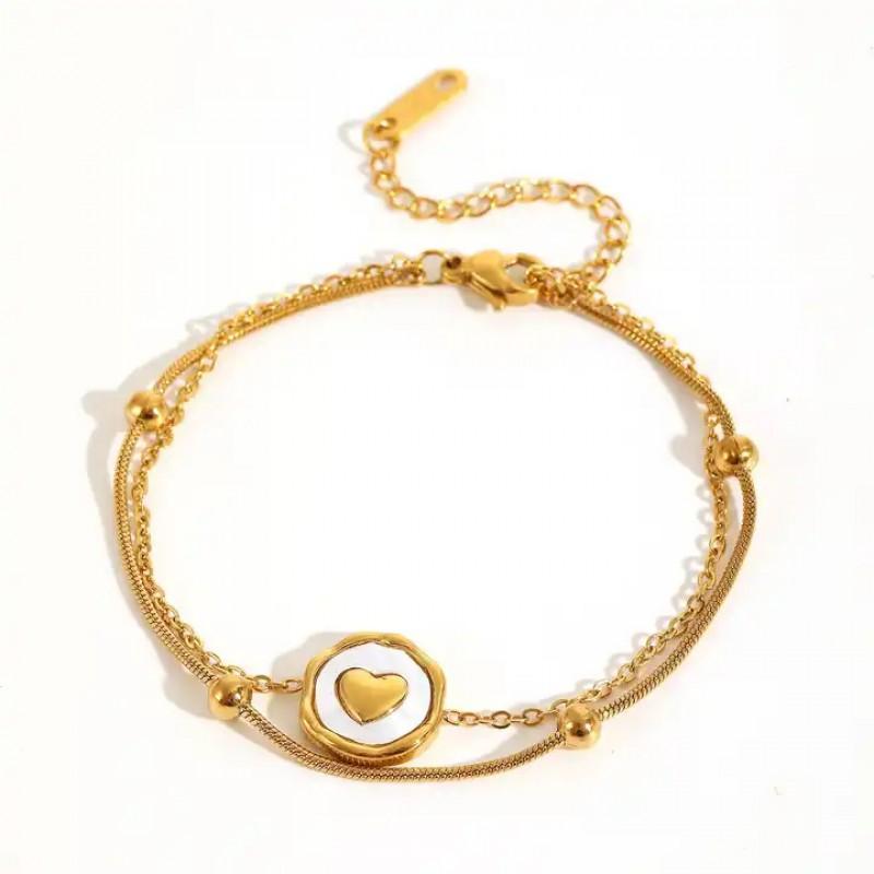 Minimalist Heart Double Layer Beaded Stainless Steel Bracelet Women Elegant Stackable Jewelry Accessory