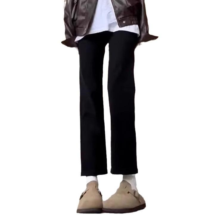 Women's Black High-Waisted Straight-Leg Jeans - Slimming, Elastic, Cropped Cigarette Pants for Spring & Autumn