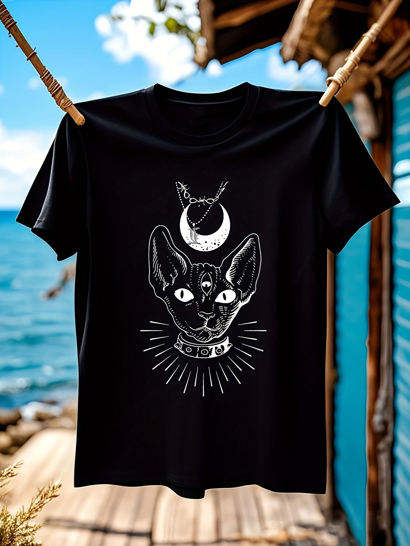 Unisex Cotton Tshirt with Sphinx Cat Crescent Moon Print ... M