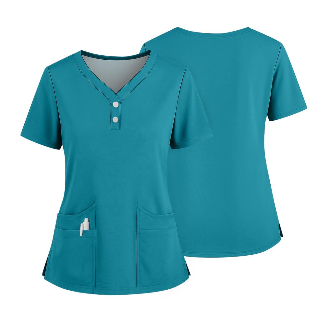 Women's Short Sleeved Solid Color V-neck Buttonable Side Slit Top T-shirt