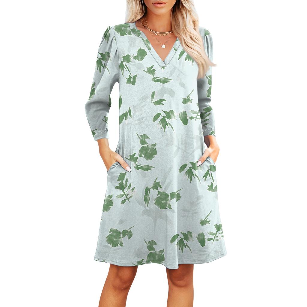 Women's Fashion V-neck Casual Beach Dress Three-quarter Sleeves Floral Print Dress