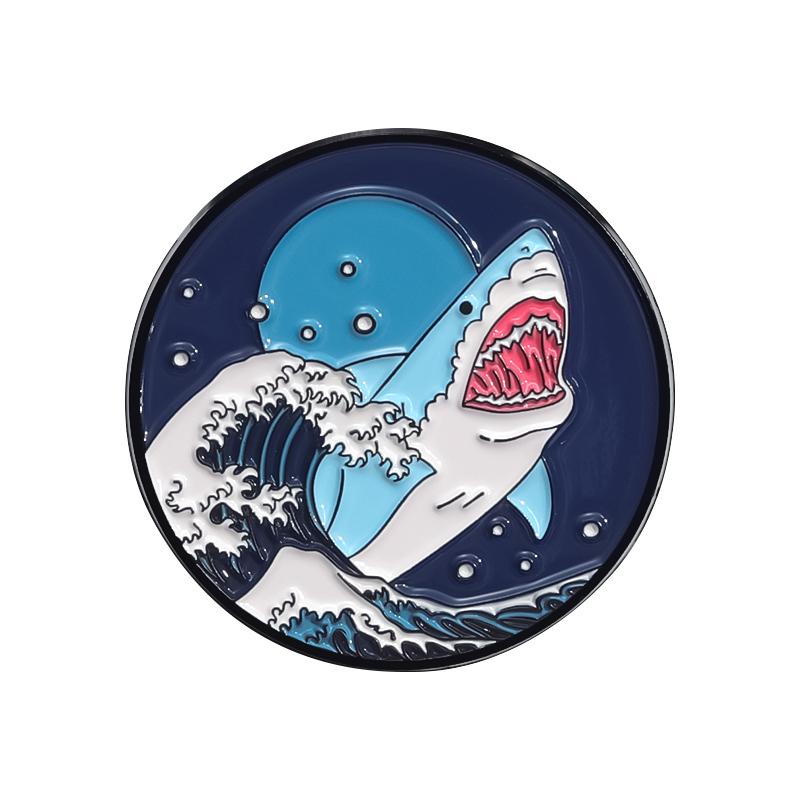 Ukiyo-e Style Wave Enamel Pins Ocean Sunrise Sunset Shark Mount Fuji Brooches Lapel Backpack Badge Jewelry Gift for Friends